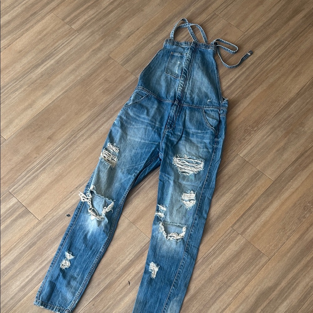 Zara Women's Distressed Denim Overalls - Blue